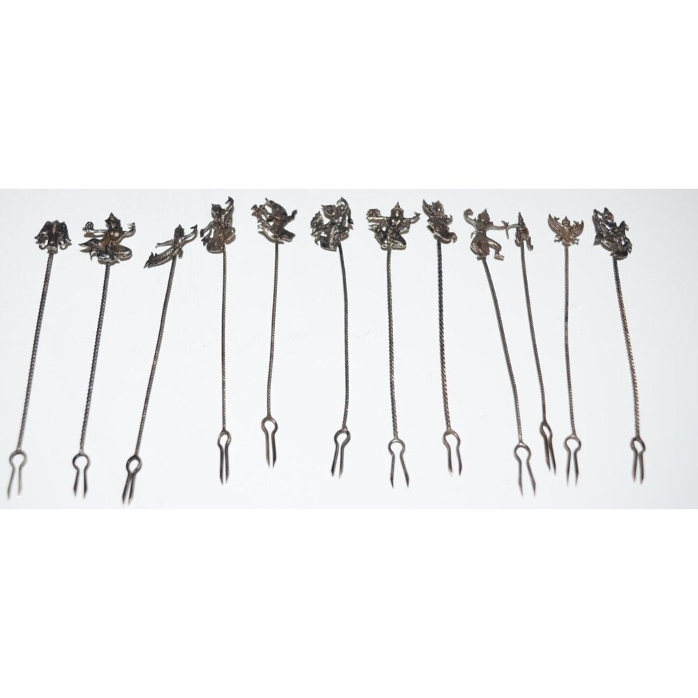 Vtg Silvertone Cocktail Picks Asian Oriental Appetizer Siam Dancer Medieval 12pc